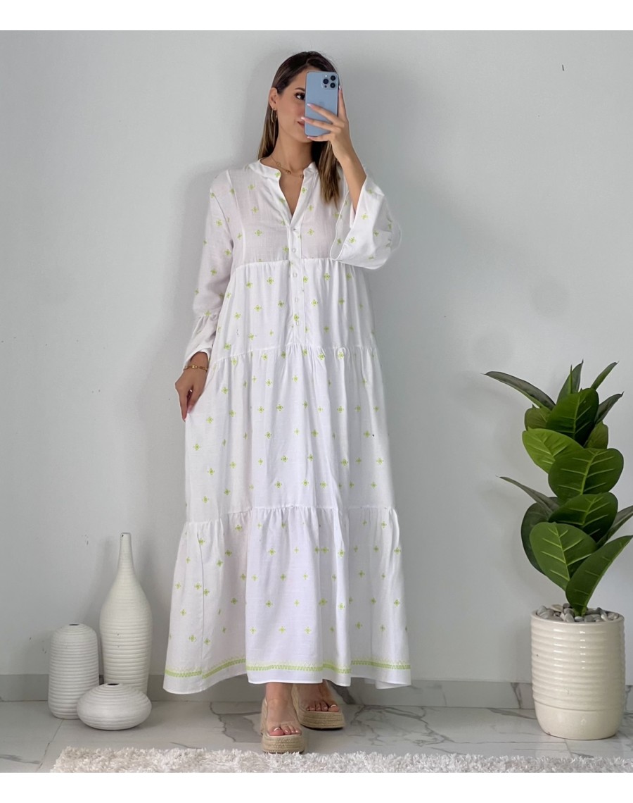 Robe gitane en lin brodée pistache