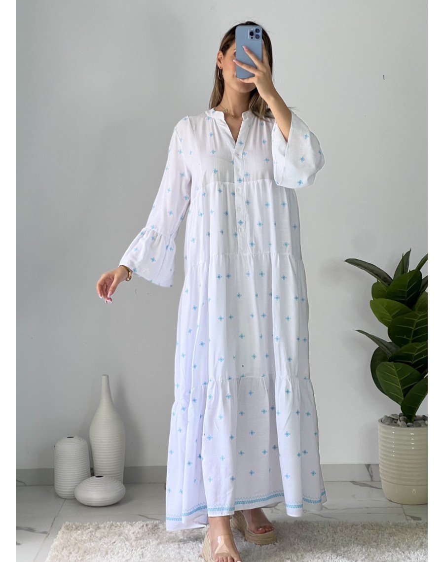 Robe gitane en lin brodée bleu ciel